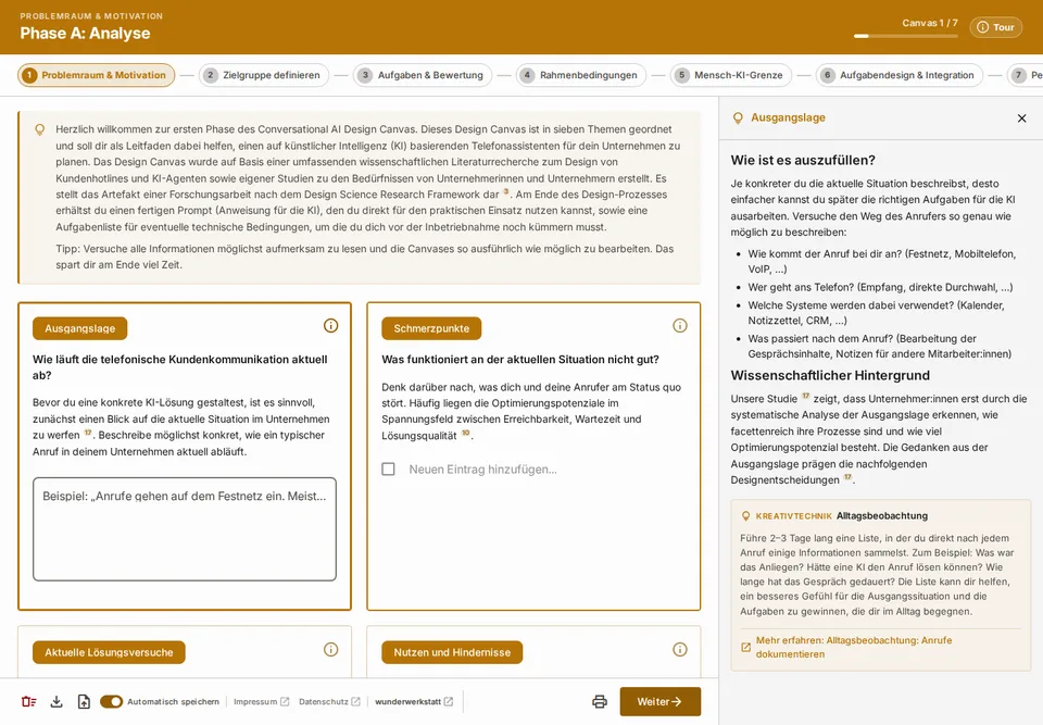 Het originele Design Canvas: probleemruimte, motivatie en wetenschappelijke invulhulp